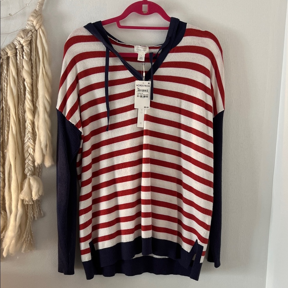 Caslon Red and White Striped Top with Navy Trim and Sleeves